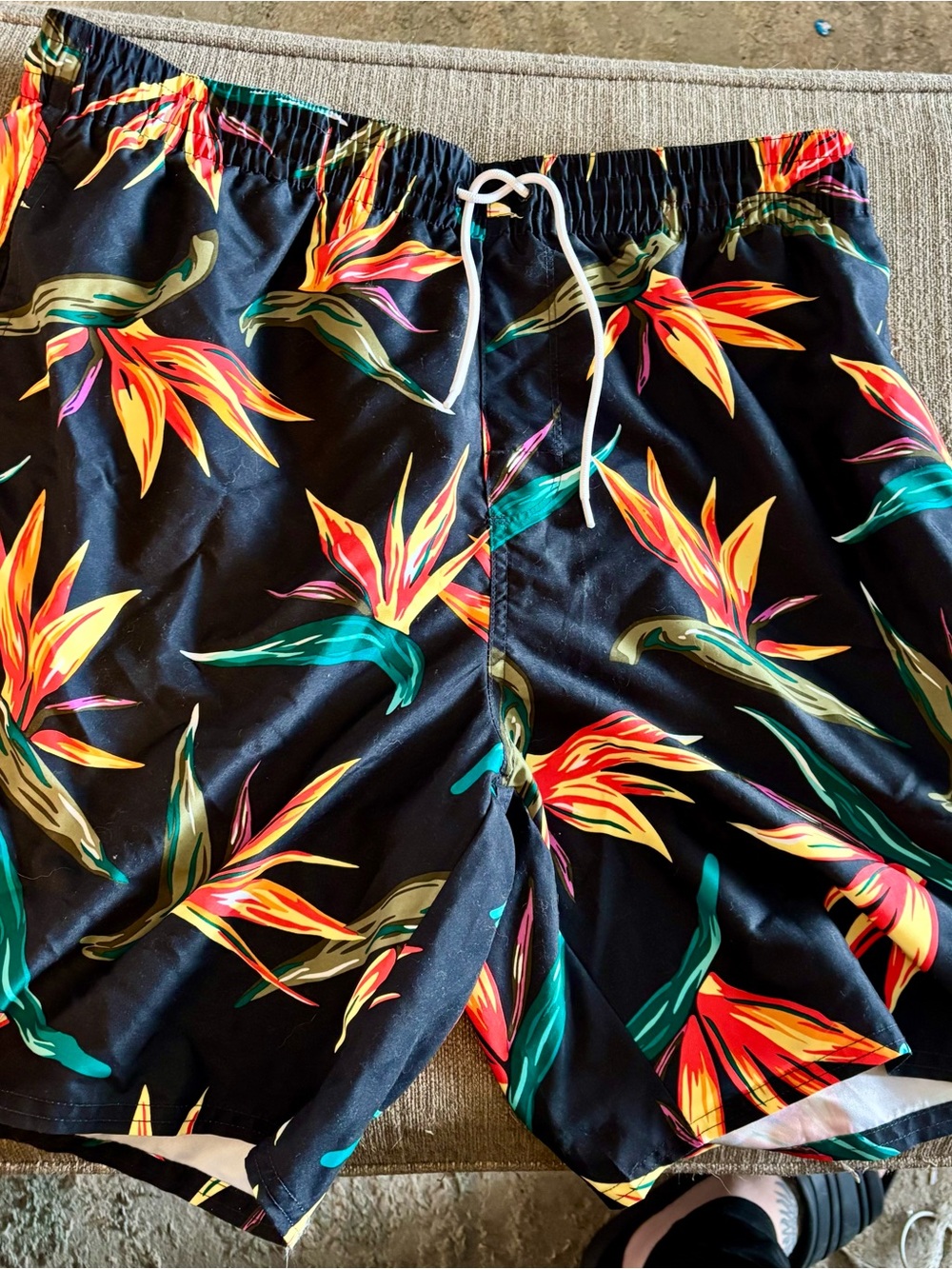 Old Navy Black Swim Shorts with Tropical Orange & Teal Floral Print